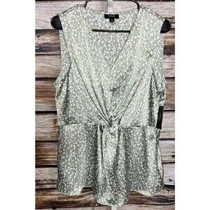Alfani Size Large Green Cream Sleeveless V Neck Top New Career Satin